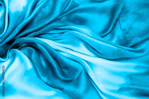 Blue Cyan Silk Background in the Form of Soft Satin Waves with the Watercolor Texture. May used for Banner, Wallpaper, Poster, Cover. AI Generated Generative AI