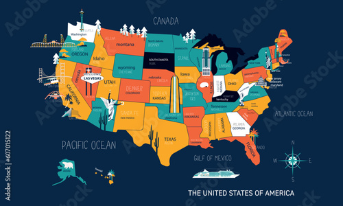 Poster map of United States of America with state names. USA cartoon travel map vector illustration of geographic themes with landmarks, cities, roadmap. Infographic concept with country navigator.