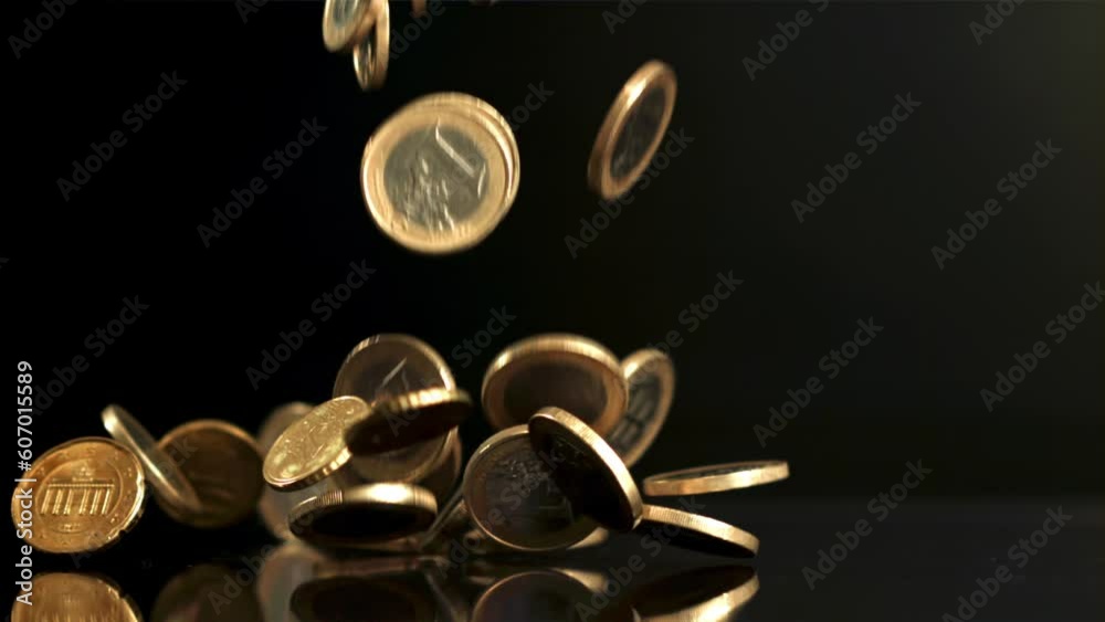Falling euro coins on the surface. Filmed is slow motion 1000 fps. High quality FullHD footage Falling euro coins on the surface. Filmed is slow motion 1000 fps. High quality FullHD footage