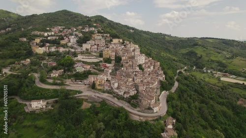 Little typical village up a mountain and green valley in the Abruzzo region of Italy