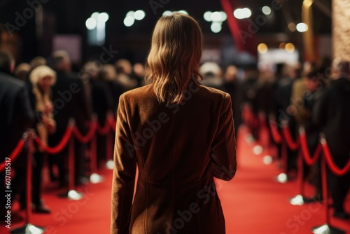 Woman jacket walks red carpet. Generate Ai