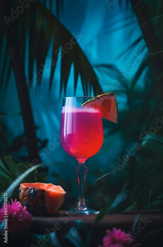 Cocktail with glass of pink drink in tropical tropical background, Generative AI image