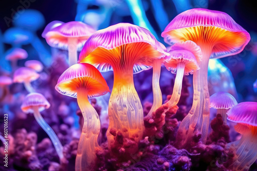 Fungus mycelium network texture in neon colors