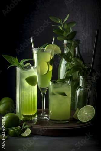 Lime, lemongrass and green herb green drink and lime, in the style of naturalist aesthetic, light yellow and silver, light green and silver, Generative AI