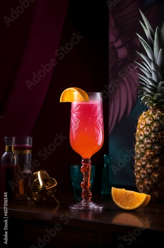 Cocktail with glass of pink drink in tropical tropical background, Generative AI image