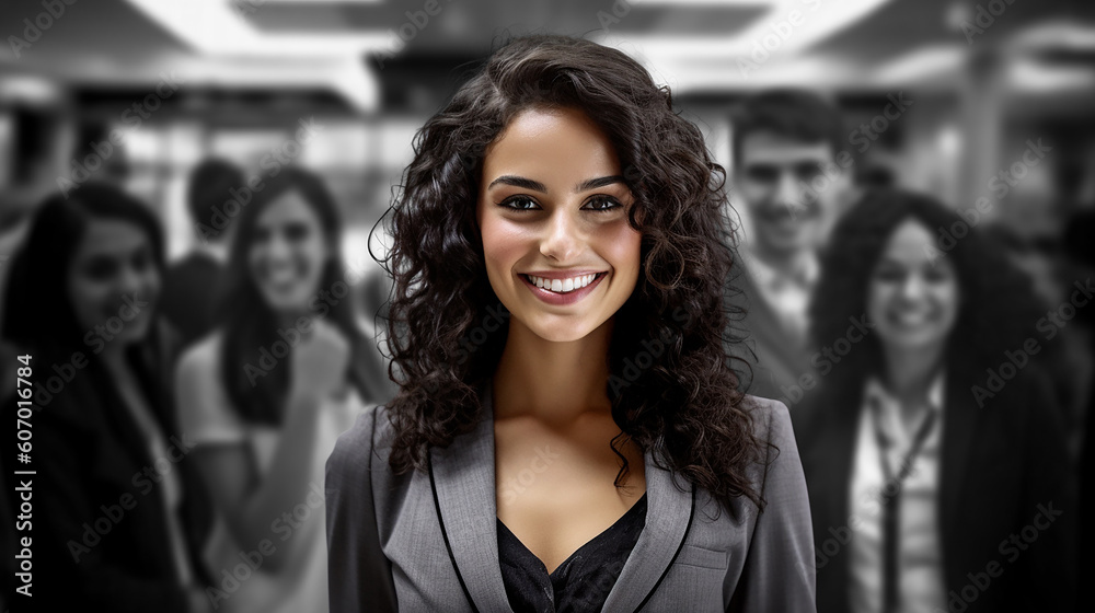 Generative AI image of a Latino lady in front of blurred background, usage as promo advertisement to attract certain gender and ethnicity for hiring Generative AI image of a Latino lady in front of blurred background, usage as promo advertisement to attract certain gender and ethnicity for hiring