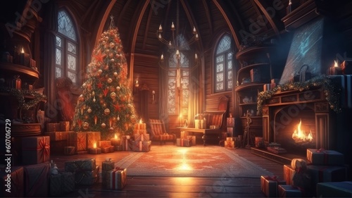 New Year's interior in the house with a Christmas tree and gifts on Christmas evening. AI generated