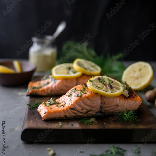 Grilled Salmon with Lemon and Herb, A minimalist, professional photograph of grilled salmon with a soft focus. Generative Ai