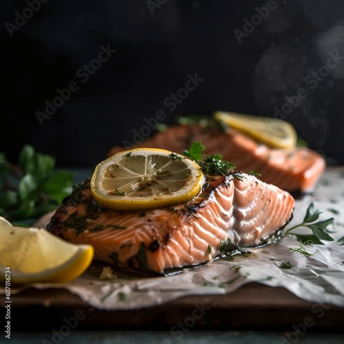 Grilled Salmon with Lemon and Herb, A minimalist, professional photograph of grilled salmon with a soft focus. Generative Ai