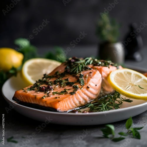 Grilled Salmon with Lemon and Herb, A minimalist, professional photograph of grilled salmon with a soft focus. Generative Ai