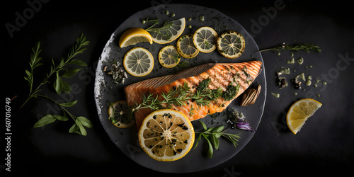 Grilled Salmon with Lemon and Herb, A minimalist, professional photograph of grilled salmon  top view . Generative Ai