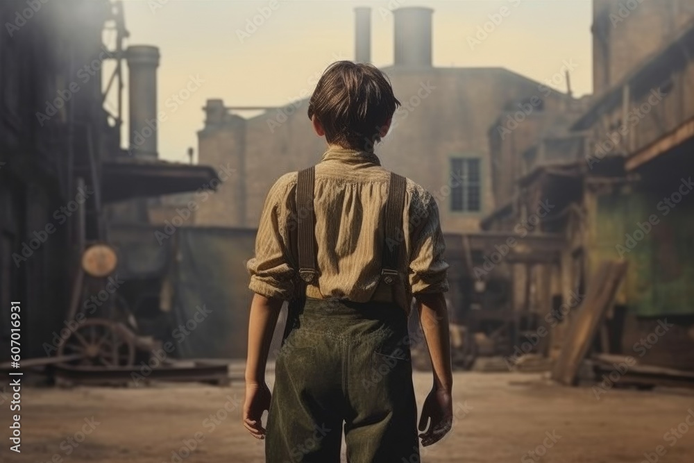 Factory child boy worker vintage 1800 year. Generate Ai