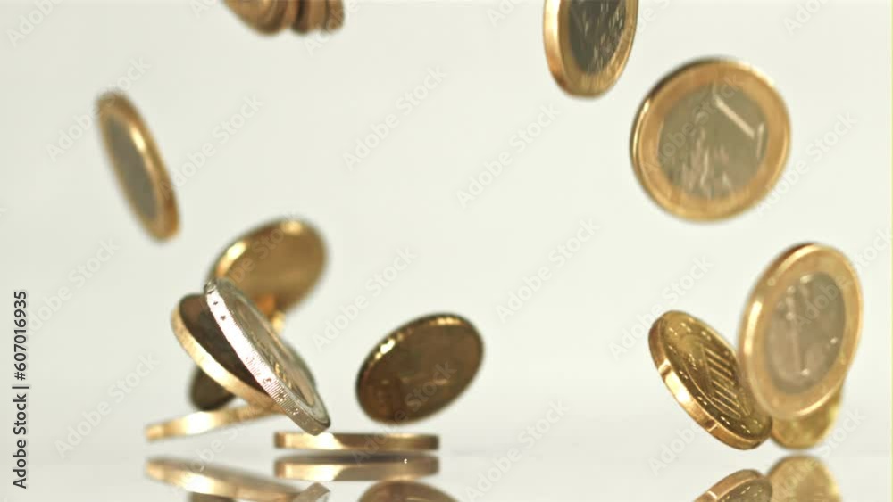 Falling euro coins on the surface. Filmed is slow motion 1000 fps. High quality FullHD footage Falling euro coins on the surface. Filmed is slow motion 1000 fps. High quality FullHD footage