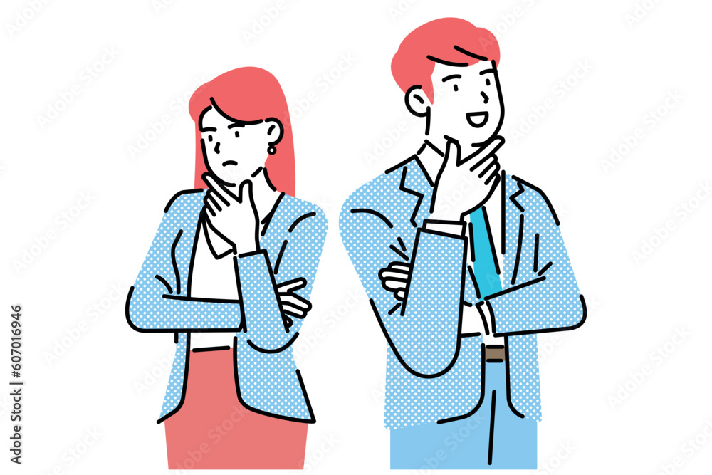 Business partner find idea. Confused business worker wonders and finds solution or solved problem cartoon vector illustration Business partner find idea. Confused business worker wonders and finds solution or solved problem cartoon vector illustration