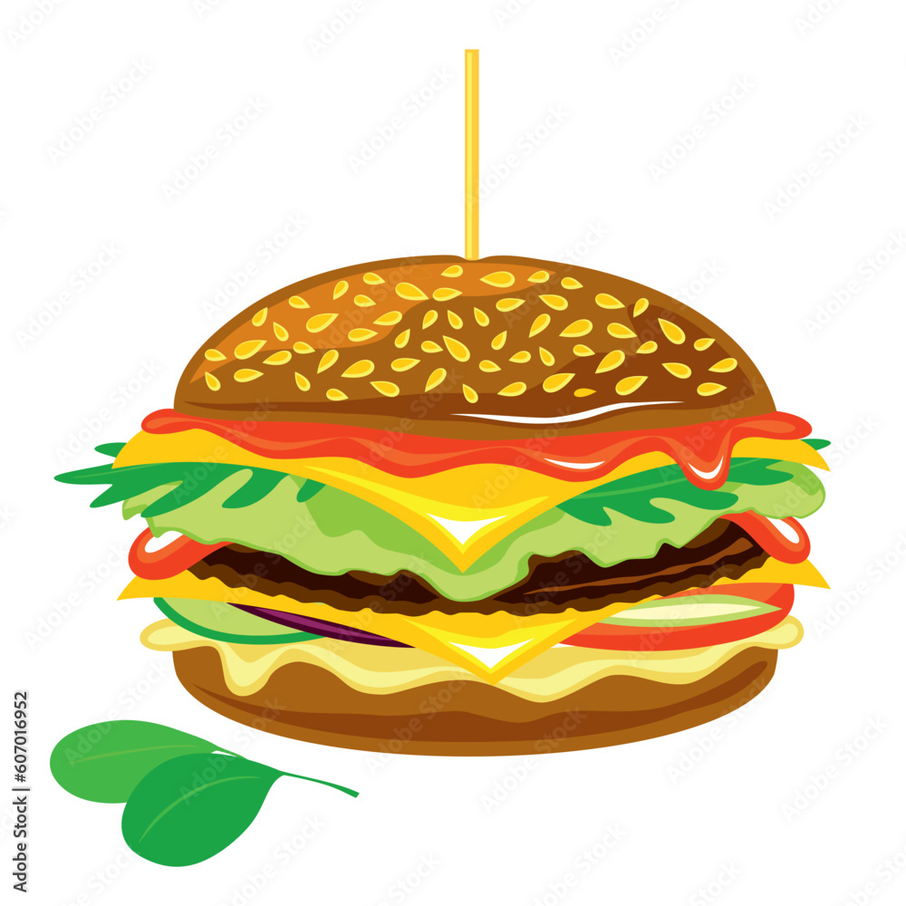 Duży burger z dodatkami. Hamburger z mięsem, serem, warzywami, ketchupem i majonezem. Chrupiący smaczny cheeseburger, danie z fast food. Pyszny lunch, obiad, amerykańska przekąska. - obrazy, fototapety, plakaty 