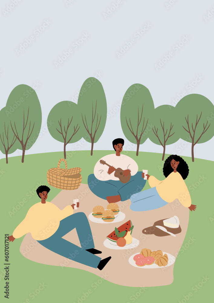 Summer picnic printable poster, People, couples, friends, and families enjoying a picnic in park vector illustration clipart, Images in flat cartoon style, Digital download cards