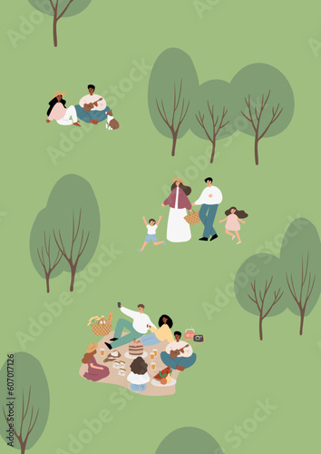 Summer picnic printable poster, People, couples, friends, and families enjoying a picnic in park vector illustration clipart, Images in flat cartoon style, Digital download cards