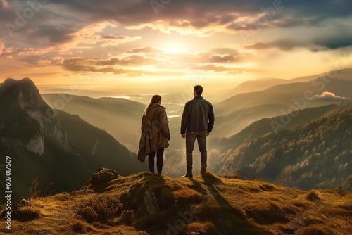 couple on top of a mountain looking at an mountains, Generated AI