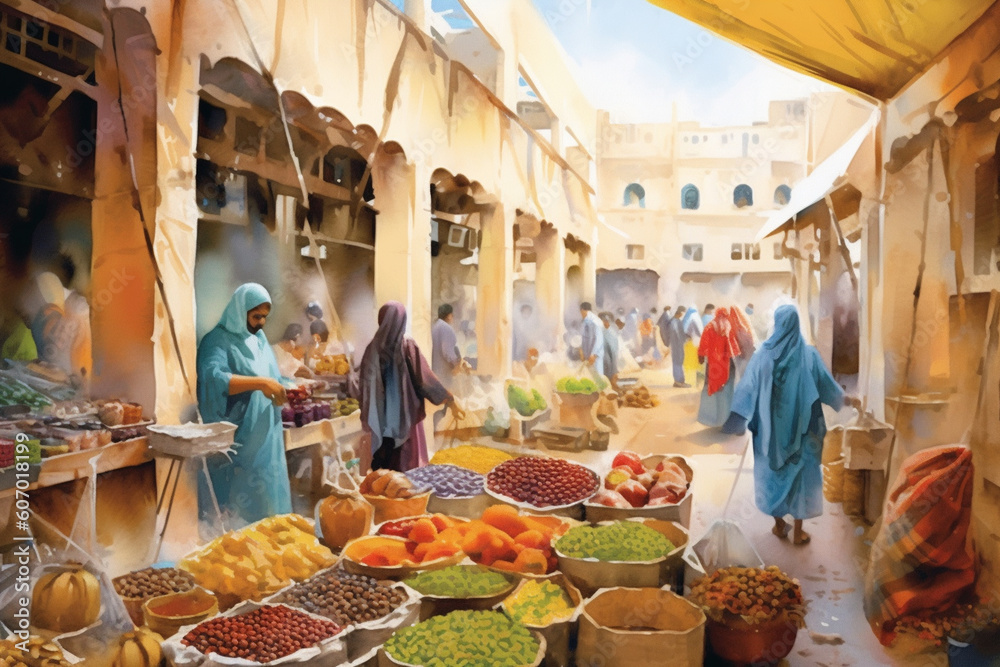 A vibrant watercolor depiction of a traditional market with colorful textiles and spices, watercolor style, Islamic, Islamic background, Eid-al-Adha Generative AI