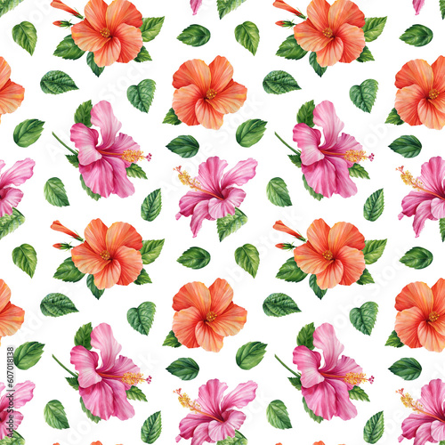 Hawaiian seamless pattern, exotic tropical plants, jungle wallpaper. Watercolor botanical pattern summer flower hibiscus