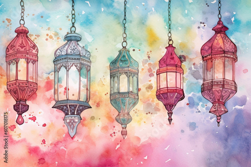 A whimsical watercolor painting of delicate and ornate metalwork lanterns, watercolor style, Islamic, Islamic background, Eid-al-Adha Generative AI