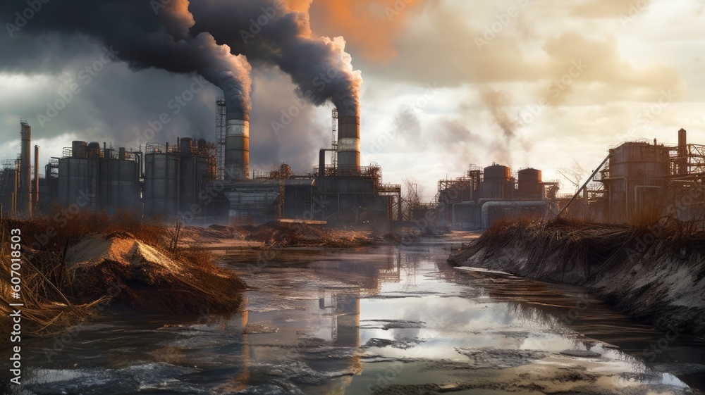 Industrial waste: Images portray factories or industrial sites discharging pollutants into water bodies, highlighting the negative impact on aquatic ecosystems. Generative AI