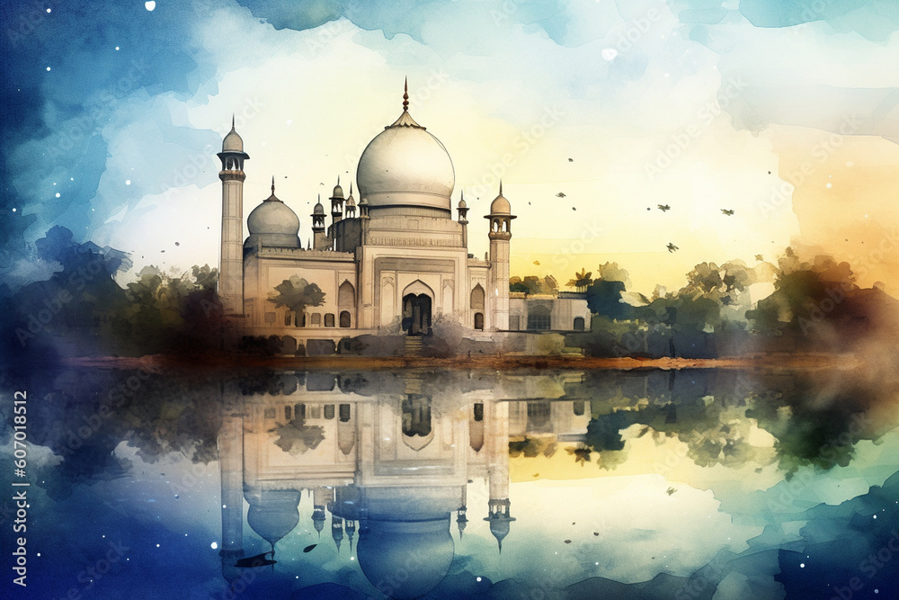 A mesmerizing watercolor depiction of a mosque reflected on a calm lake, watercolor style, Islamic, Islamic background, Eid-al-Adha Generative AI