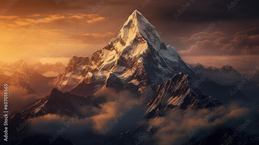 Majestic peaks: Images depict towering mountains with snow-capped summits, evoking a sense of grandeur and awe. Generative AI