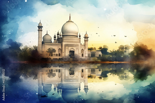 A mesmerizing watercolor depiction of a mosque reflected on a calm lake, watercolor style, Islamic, Islamic background, Eid-al-Adha Generative AI
