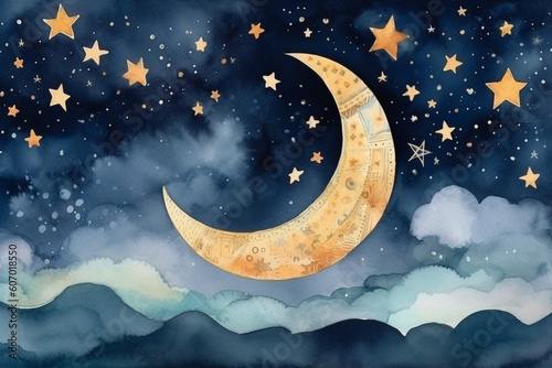 A whimsical watercolor artwork of a crescent moon and stars in a night sky, watercolor style, Islamic, Islamic background, Eid-al-Adha Generative AI