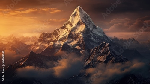 Majestic peaks: Images depict towering mountains with snow-capped summits, evoking a sense of grandeur and awe. Generative AI © SUPHANSA