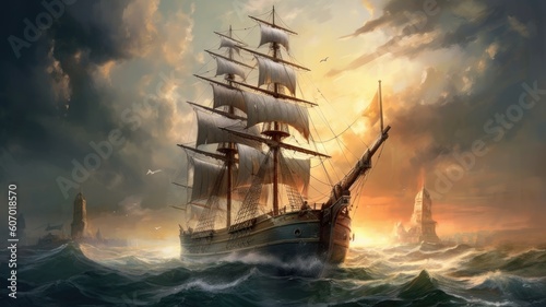 Maritime history: Pictures depict historical ships or lighthouses, symbolizing the rich heritage and stories associated with maritime journeys. Generative AI
