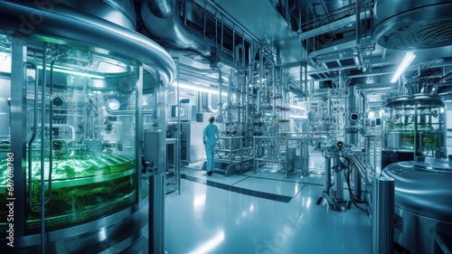 Pictures capture the manufacturing process of biopharmaceuticals, highlighting the use of bioreactors and quality control measures. Generative AI photo