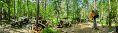 Vintage Autos in einem Autofriedhof in einem Wald