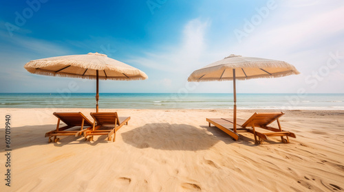 two wooden sunbeds and an umbrella on a tropical beach. 