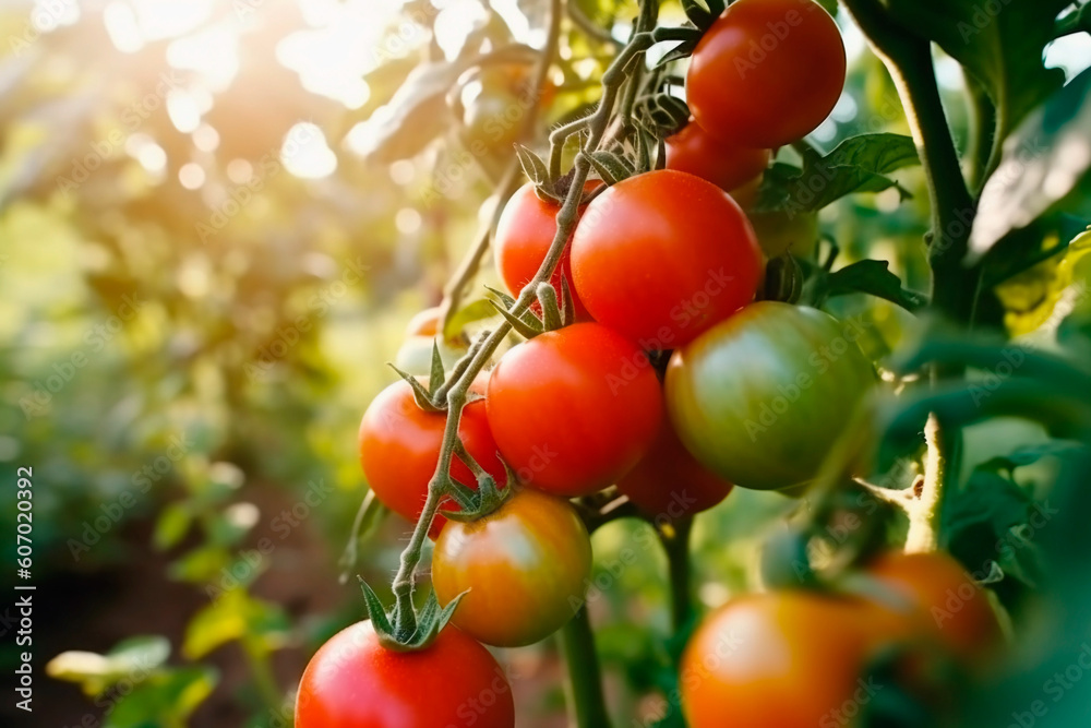 Red tomatoes growing on bushes on a farm, tomatoes close - up, blurred background farm. Generative AI
