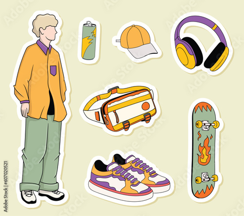 Colorful hand drawn cool trendy stickers collection