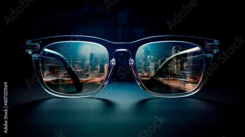 glasses against dark background through which shines a sillouette of a city, generative AI