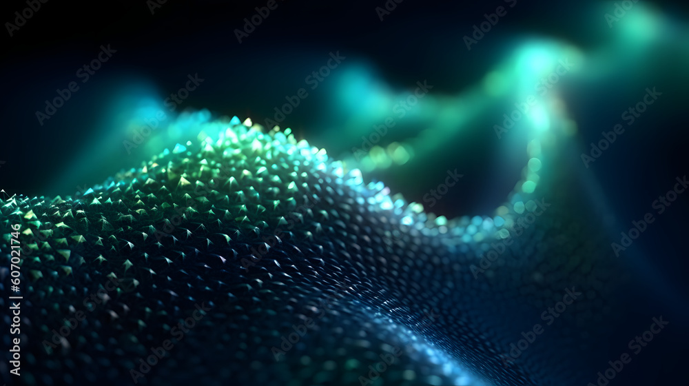 Flowing dot particles wave curve pattern blue and green gradient light ...