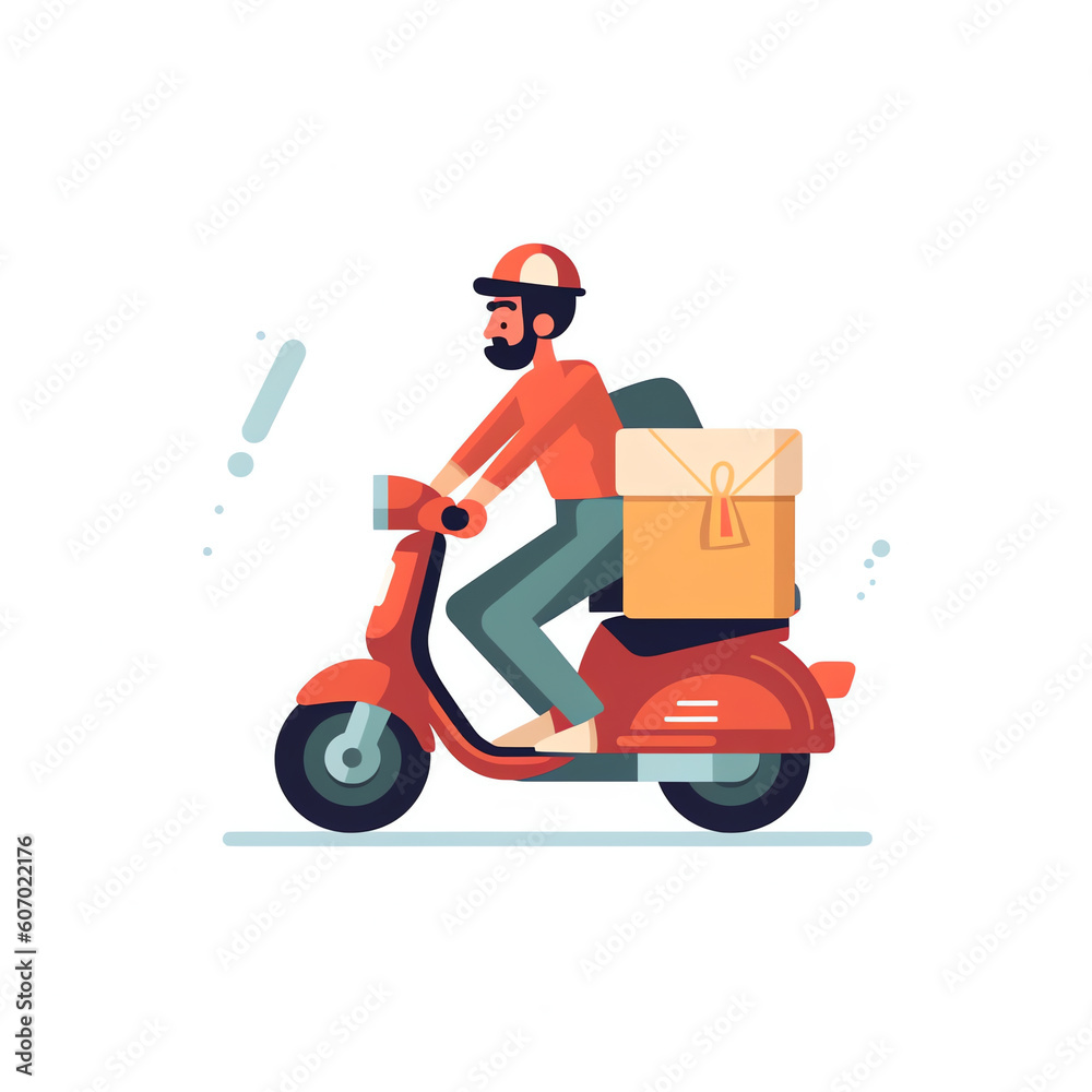 Generative AI Scooter delivery service concept, male courier character riding scooter with delivery box. Vector illustration in flat style Generative AI Scooter delivery service concept, male courier character riding scooter with delivery box. Vector illustration in flat style