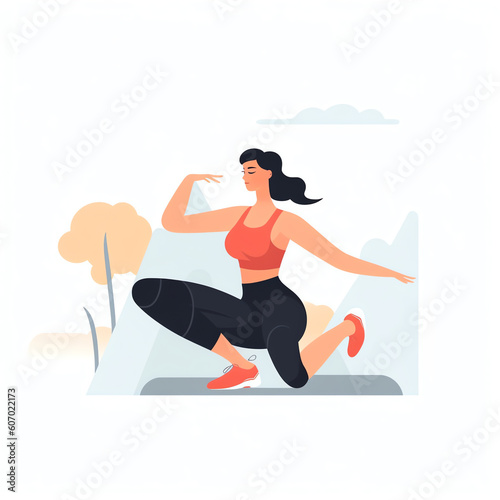 Generative AI Woman doing exercises in the park landing page, concept illustration for healthy lifestyle, outdoor activities, exercising. Vector illustration in flat style