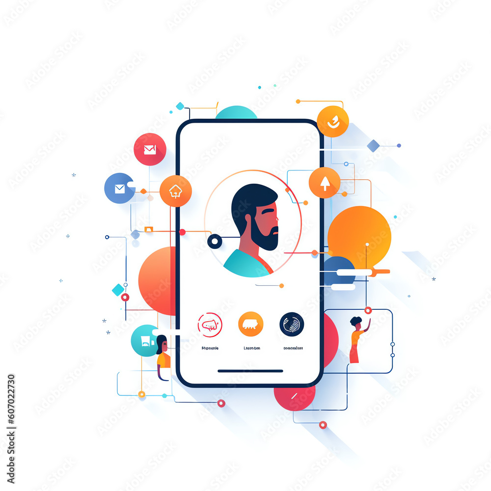 Generative AI Social media profile. Smartphone with a man avatar, text and button. Differents icons with likes and messages. Vector illustration in flat style