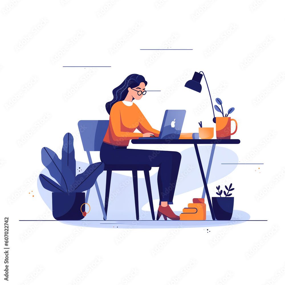 Generative AI Woman with laptop, education or working concept. Table with books, lamp, coffee cup. Vector illustration in flat style