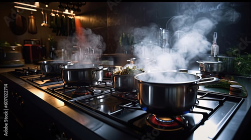 Steaming and boiling pan of water on modern heating stove in kitchen on the background of open balcony. Boiling with steam emitted from stainless cooking pot, Generative AI