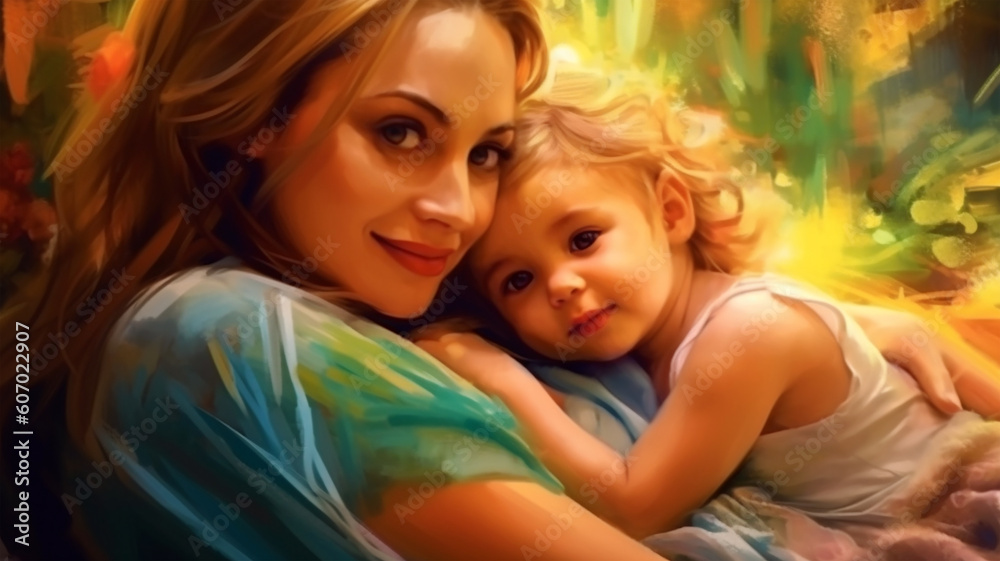 Painted image of a young mother holding her daughter in her arms, parenthood, mother's day Painted image of a young mother holding her daughter in her arms, parenthood, mother's day