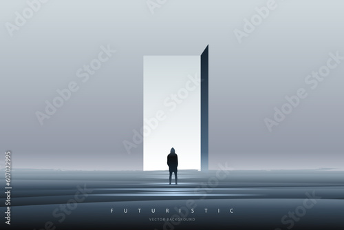 Minimal futuristic landscape. Mountain background with a lonely figure in front of the portal. Sci-Fi poster. Abstract art wallpaper for web, prints, art decoration and applications. Vector
