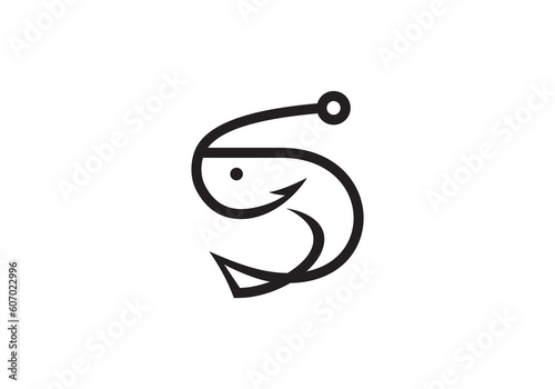 shrimp with fishing hook lineart style for seafood restaurant logo design