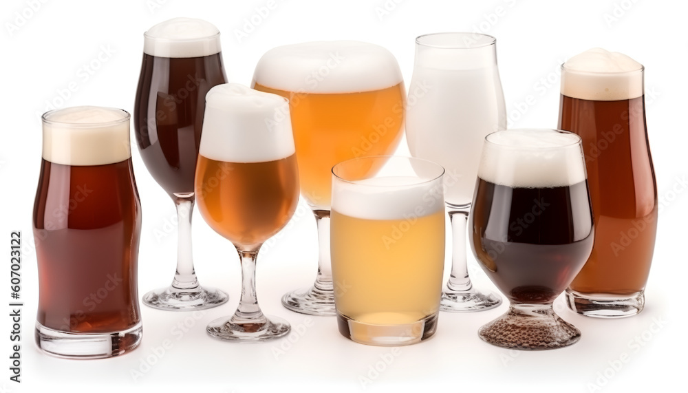 Indulge in the diverse world of beer with this captivating collection featuring eight different types of draft beers, expertly isolated on a crisp white background. 🍺 Indulge in the diverse world of beer with this captivating collection featuring eight different types of draft beers, expertly isolated on a crisp white background. 🍺
