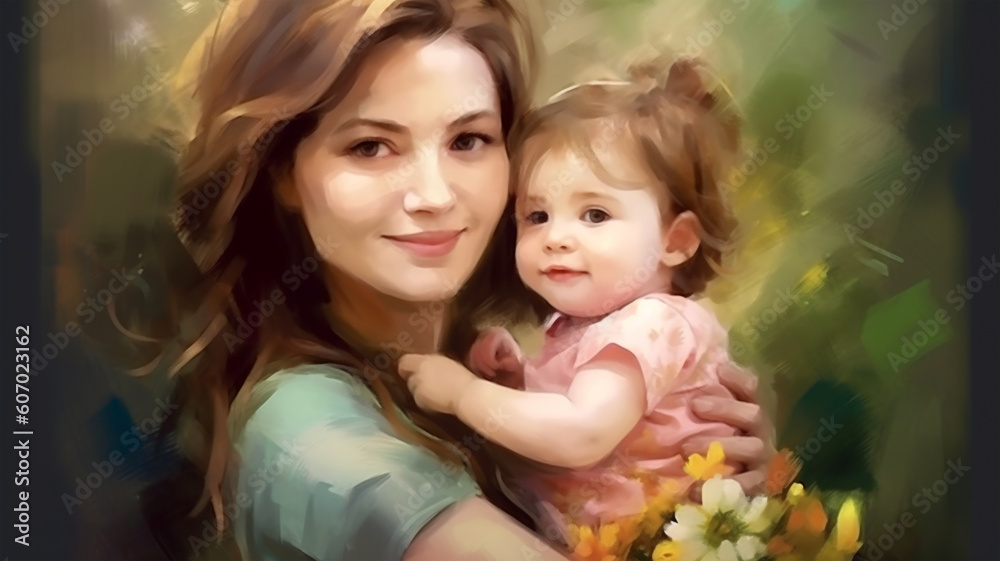 Painted image of a young mother holding her daughter in her arms, parenthood, mother's day Painted image of a young mother holding her daughter in her arms, parenthood, mother's day