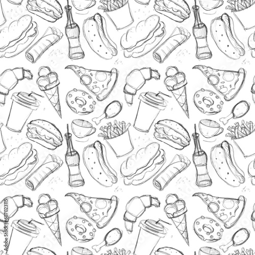 Fototapeta Naklejka Na Ścianę i Meble -  Fast Food Seamless Pattern, Restaurant Background Pattern